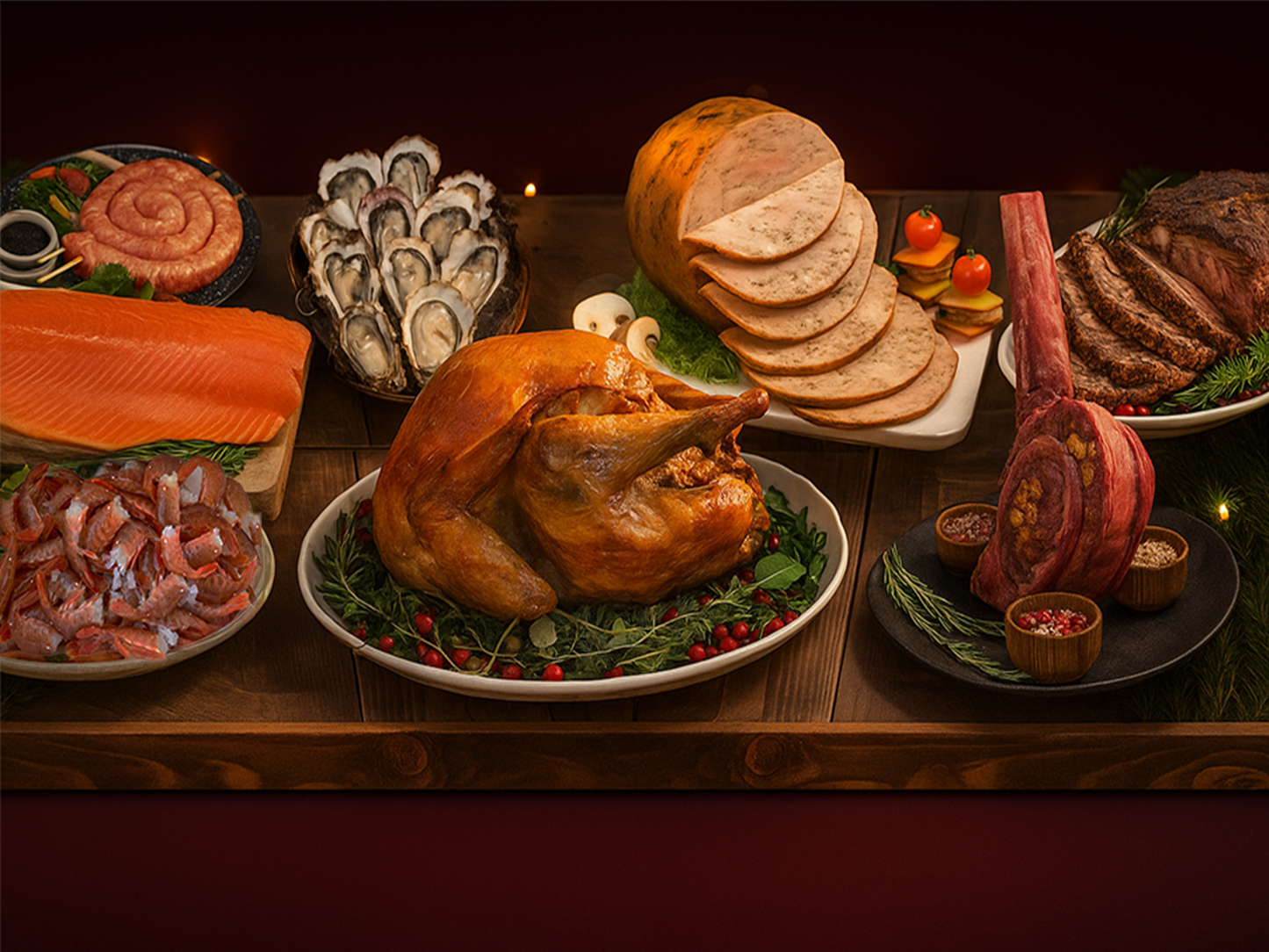 Assorted holiday foods including a roasted turkey, oysters, and various meats on a wooden table. DishTheFish Eaters Market Beef Pork Chicken Sausage Lollipop Chorizo Wild Sockeye Salmon Spot Prawns Hyogo Oysters Turkey