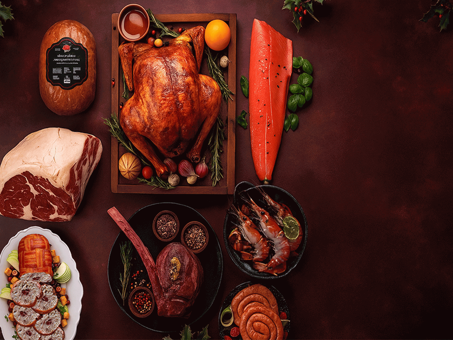 Assorted holiday foods including a roasted turkey, oysters, and various meats on a wooden table. DishTheFish Eaters Market Beef Pork Chicken Sausage Lollipop Chorizo Wild Sockeye Salmon Spot Prawns Hyogo Oysters Turkey