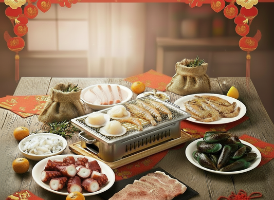 Diverse array of food on a table with festive decorations DishTheFish Sea White Prawns Premium Snapper Fish slices Octopus Legs Live Green Mussels Cuttlefish Child Cut Chinese New Year Festive