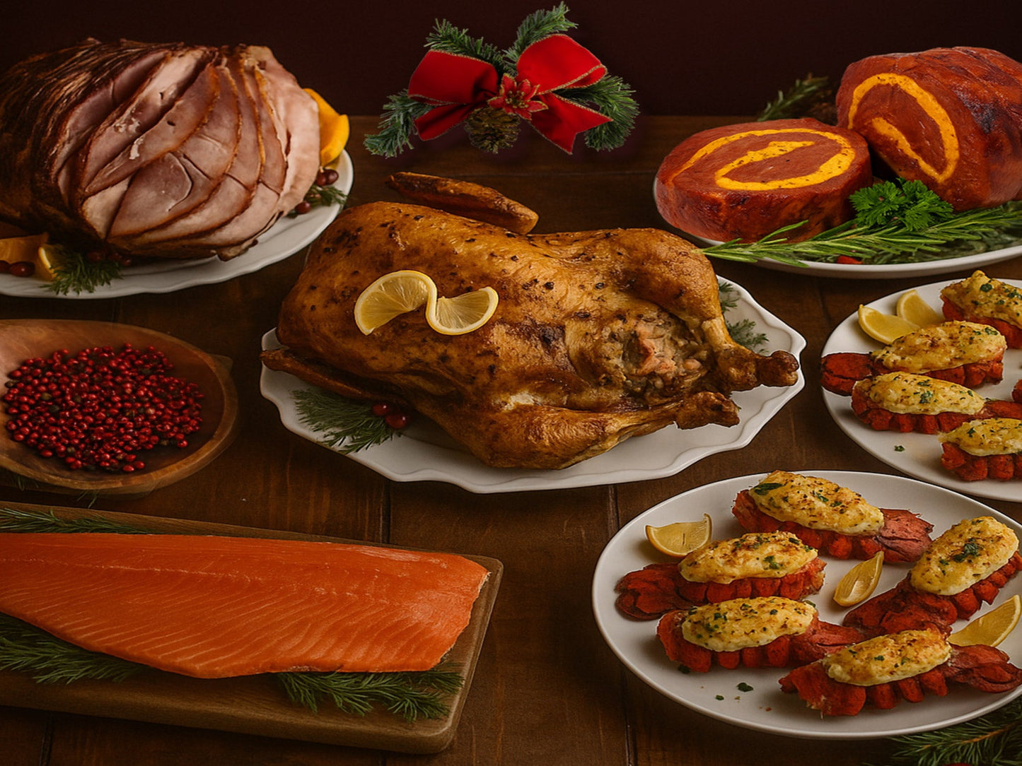Assorted holiday dishes including a roasted turkey, ham, salmon, and other festive foods on a wooden table. Feast of the Two Kingdoms Christmas Bundle 8-10 Pax DishTheFish Wild Salmon Sockeye Lobster Tails Beef Chicken Ham Turkey Fish