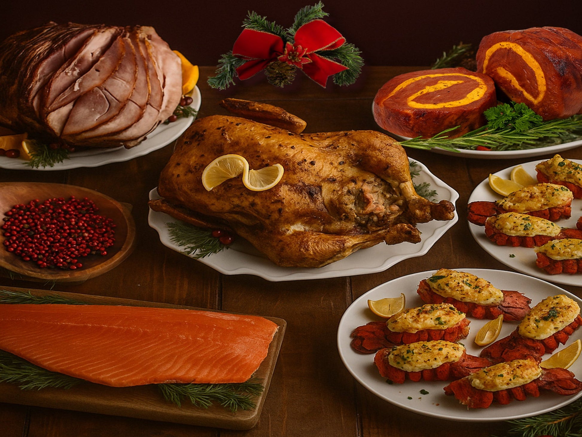 Assorted holiday dishes including a roasted turkey, ham, salmon, and other festive foods on a wooden table. Feast of the Two Kingdoms Christmas Bundle 8-10 Pax DishTheFish Wild Salmon Sockeye Lobster Tails Beef Chicken Ham Turkey Fish