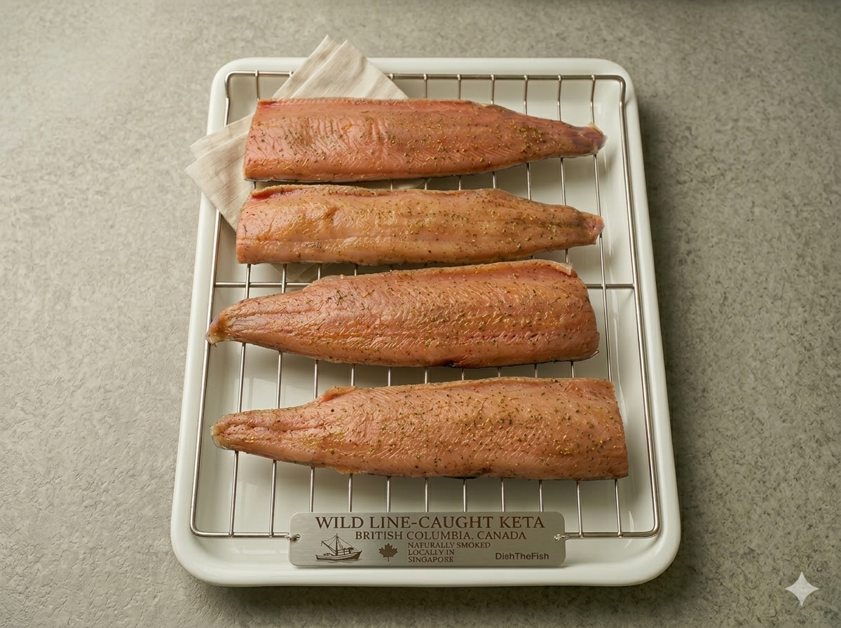 These images capture the full journey of wild keta salmon line‑caught from British Columbia and cold‑smoked naturally in Singapore by DishTheFish. From whole fresh salmon to fillets cured with dill, salt, and brown sugar, then smoked in commercial Alto‑Shaam ovens, each stage is shown clearly for accessibility. The alt text highlights Singapore as the processing location and emphasizes keywords like wild keta salmon, cold smoked, fresh dill, and DishTheFish Singapore, ensuring the visuals