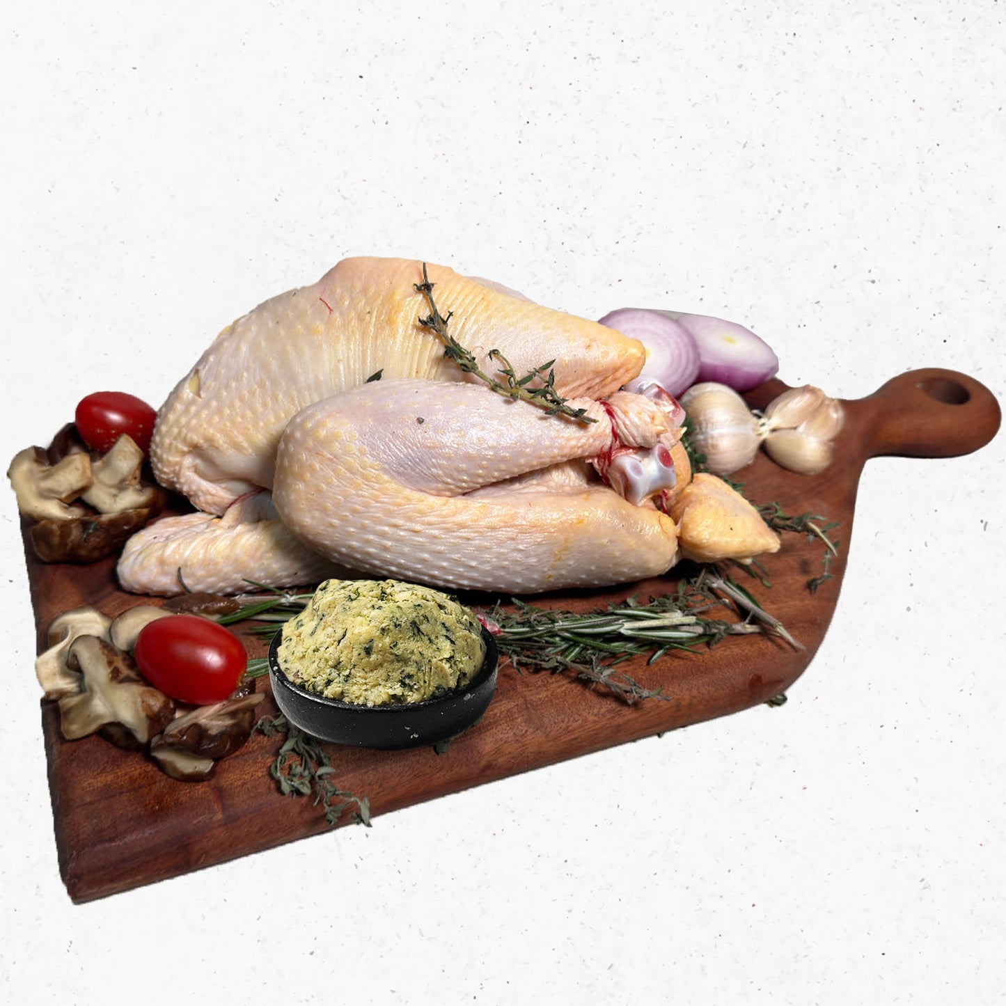 Assorted holiday foods including a roasted turkey, oysters, and various meats on a wooden table. DishTheFish Eaters Market Beef Pork Chicken Sausage Lollipop Chorizo Wild Sockeye Salmon Spot Prawns Hyogo Oysters Turkey